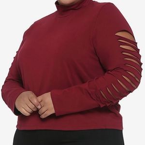 Burgundy Slashed Mock Neck Long-Sleeve Top Plus